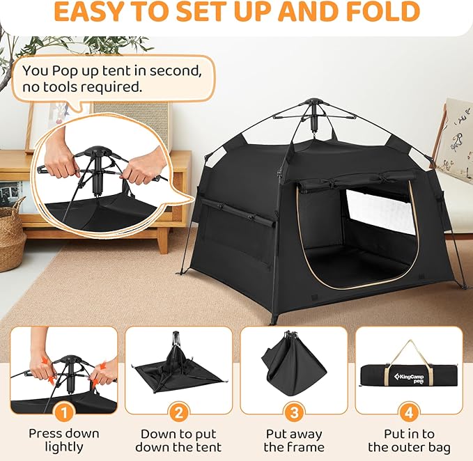 KingCamp Dog Tent, Large Portable Outdoor Indoor Dog House with 600D Oxford Fabric & Dual Layer for Medium Large Dogs, Black, 39.4" x 39.4" x 35.4"