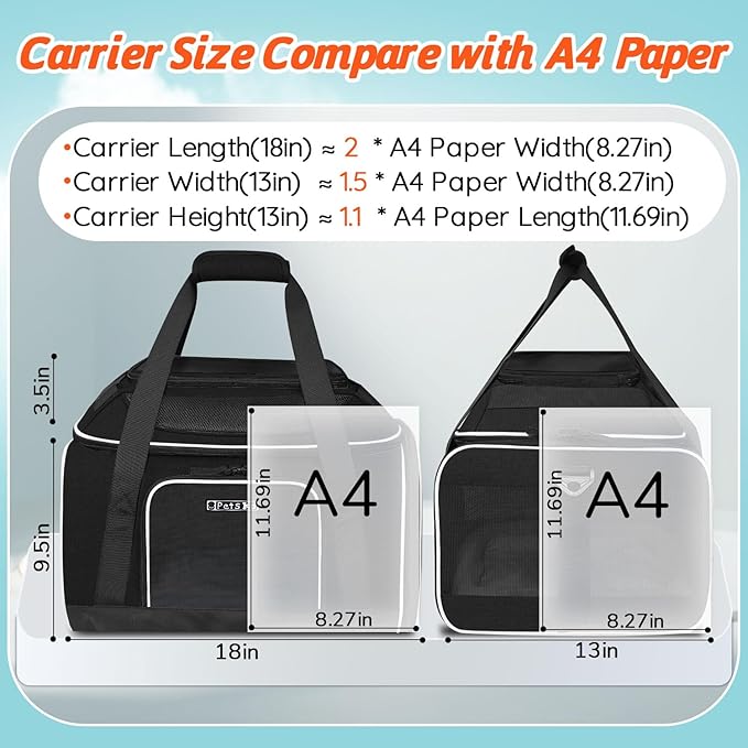 Petskd Top-Expandable Pet Carrier 18x13x9.5 Inches Southwest Allegiant Airline Approved, Soft-Sided Carrier for Small Cats and Dogs with Locking Safety Zippers and Anti-Scratch Mesh(Black)