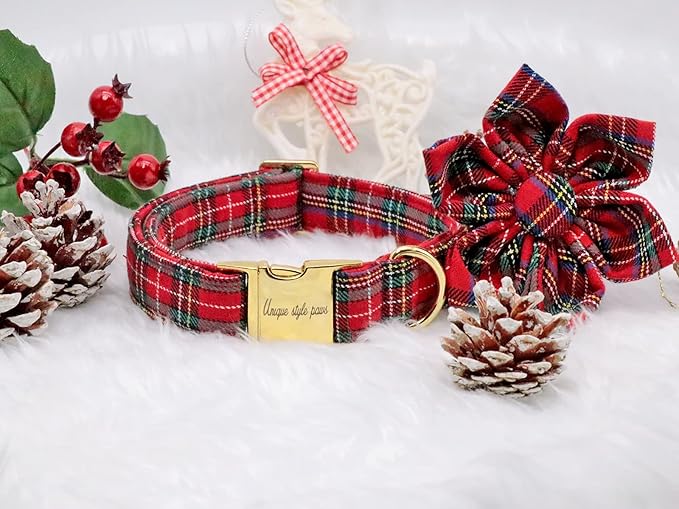 Uniqe Style Paws Christmas Grid Dog Collar, Female or Male Adjustable Dog Collar with Flower, Durable Floral Pattern Pet Collar for Large Dogs