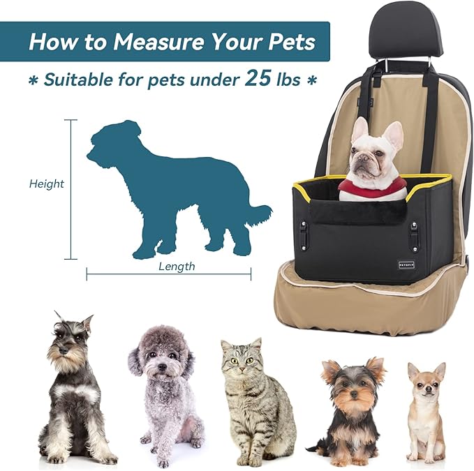 PETSFIT Small Dog Car Seat, Portable Car Saet for Dogs with Patent Safe Buckles, Clip-On Leash, Suitable for Small Pets Up to 25lbs (Black)