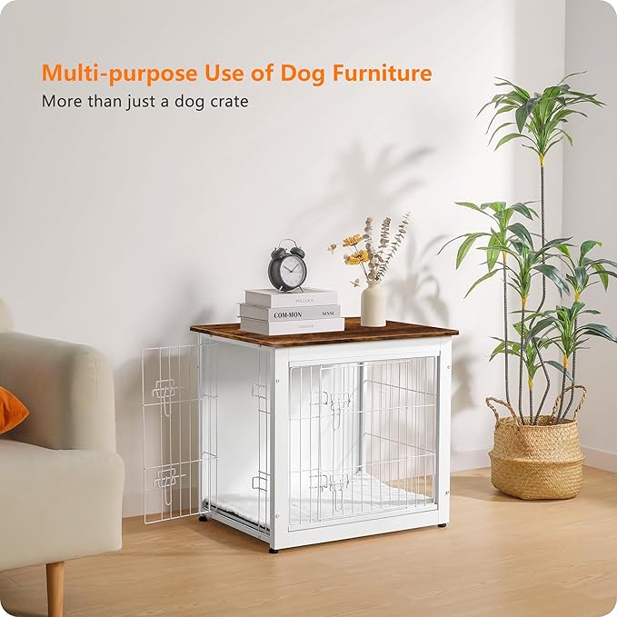 DWANTON Dog Crate Furniture with Cushion, Wooden Dog Crate with Double Doors, Dog Furniture, Dog Kennel Indoor for Small Dog,End Table, 27.2" L, White+Rustic Brown