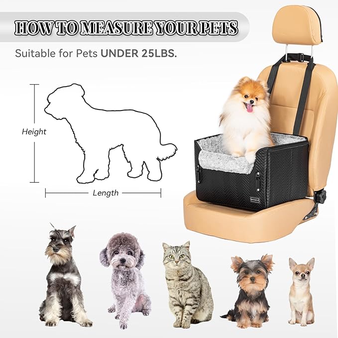 PETSFIT Dog Car Seat, Waterproof PU Leather Dog Carseat with Patented Safe Buckles, Clip-On Leash, Pet Travel Carrier Bed for Small Pets Up to 25lbs (Black)