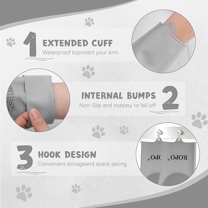 ROPO silicone gloves for pet grooming, multi-functional gloves for pet hair shedding, bathing, and massage (Grey)