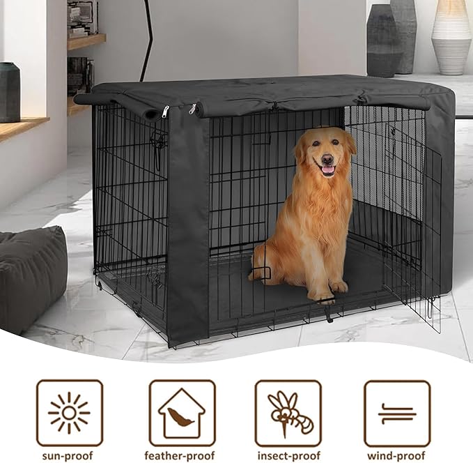 HiCaptain Dog Crate Cover for 48 Inches Wire Crates, Heavy-Duty Polyester Indoor Dog Kennel Cover Universal Fit for 1 2 Doors Standard Metal Dog Cage (Black)