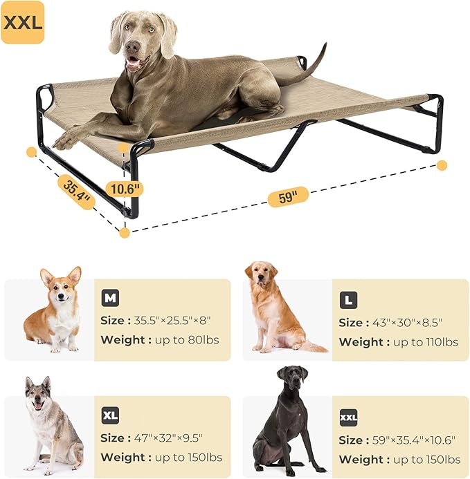 Veehoo Original Cooling Elevated Dog Bed, Outdoor Raised Dog Cots Bed for Large Dogs, Portable Standing Pet Bed with Washable Breathable Mesh, No-Slip Feet for Indoor Outdoor, XX-Large, Beige Coffee