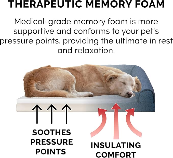 Furhaven Memory Foam Dog Bed for Large Dogs w/ Removable Bolsters & Washable Cover, For Dogs Up to 95 lbs - Plush & Almond Print L Shaped Chaise - Blue Almonds, Jumbo/XL