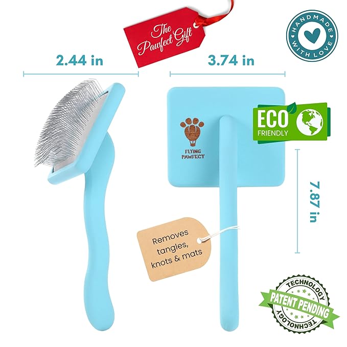 Pet Slicker Brush With Soft Massage Grooming Stainless Steel Pins - For Dematting, Shedding Fur, and Undercoat - Ideal Gift for Professional Pet Groomers - Long Slicker Brush - Flying Pawfect