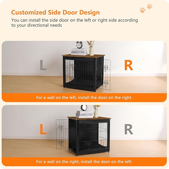 DWANTON Dog Crate Furniture with Cushion, Wooden Dog Crate with Double Doors, Dog Furniture, Dog Kennel Indoor for Small Dog,End Table, 27.2" L, Black+Warm Brown