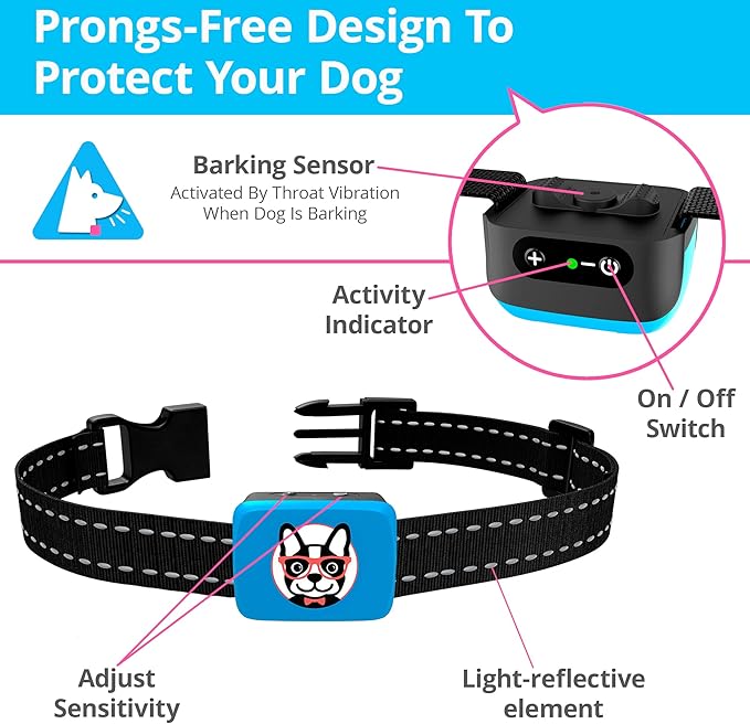 Small Dog Bark Collar Rechargeable - Smallest Bark Collar for Small Dogs 5-15lbs - Most Humane Stop Barking Collar - Dog Training No Shock Anti Bark Collar - Pet Bark Control Device (Blue)