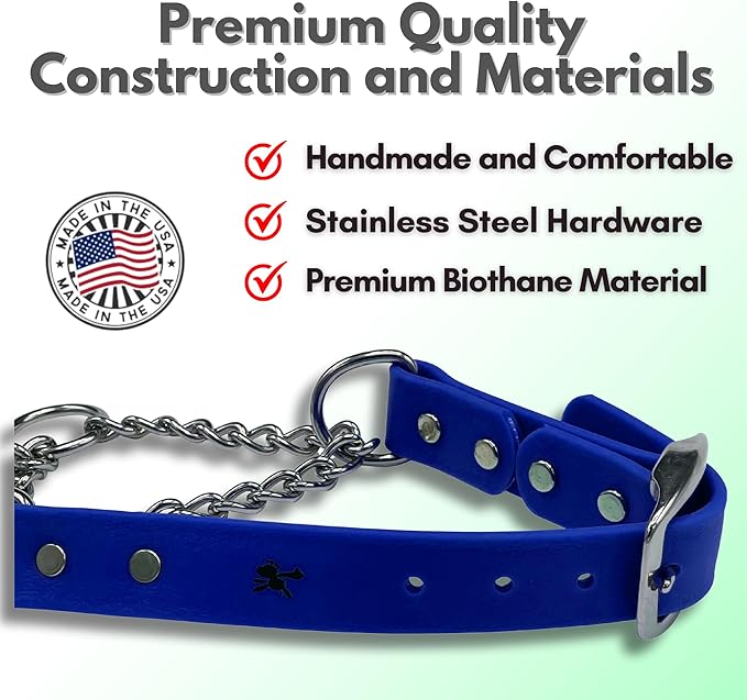 Martingale Collar for Dogs, Biothane, Stainless Steel Hardware, No Pull, Made in The USA, Professional Grade, Large, Blue