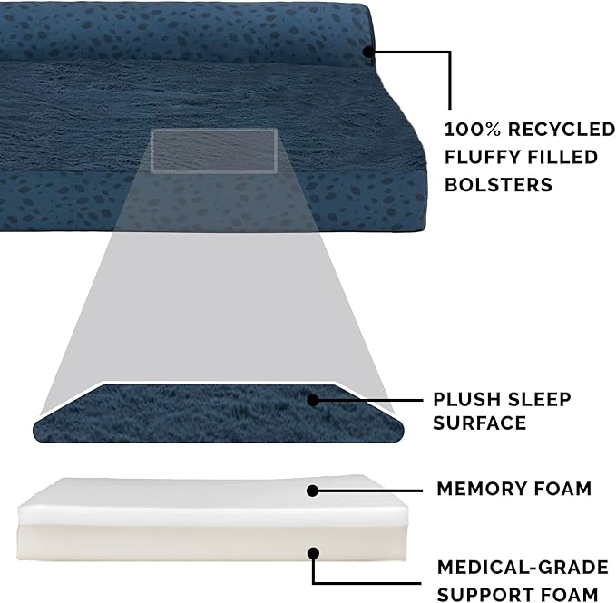 Furhaven Memory Foam Dog Bed for Large Dogs w/ Removable Bolsters & Washable Cover, For Dogs Up to 95 lbs - Plush & Almond Print L Shaped Chaise - Blue Almonds, Jumbo/XL
