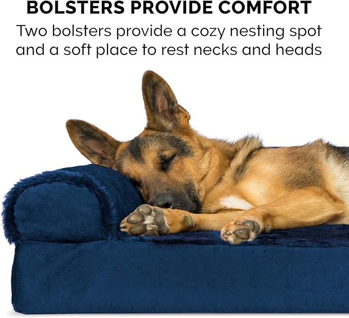 Furhaven Memory Foam Dog Bed for Large/Medium Dogs w/ Removable Bolsters & Washable Cover, For Dogs Up to 55 lbs - Plush & Velvet L Shaped Chaise - Deep Sapphire, Large