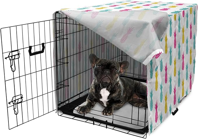 Lunarable Yellow Pineapple Dog Crate Cover, Rhythmic Ananas Fruits in Colorful Design Summer Tropical Concept, Easy to Use Pet Kennel Cover for Cats & Medium Dogs, 24 Inch, Turquoise Hot Pink