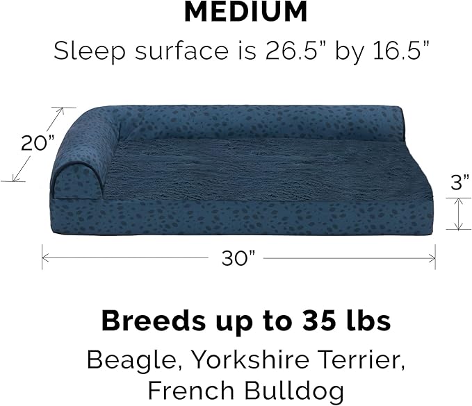 Furhaven Memory Foam Dog Bed for Medium/Small Dogs w/ Removable Bolsters & Washable Cover, For Dogs Up to 35 lbs - Plush & Almond Print L Shaped Chaise - Blue Almonds, Medium