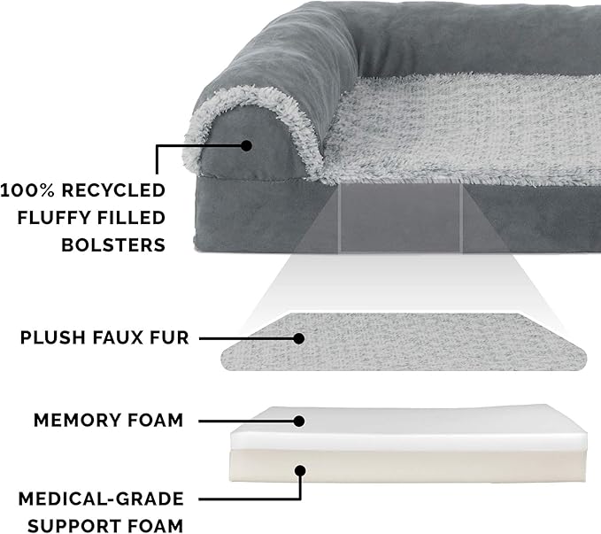Furhaven Memory Foam Dog Bed for Large Dogs w/ Removable Bolsters & Washable Cover, For Dogs Up to 95 lbs - Two-Tone Plush Faux Fur & Suede L Shaped Chaise - Stone Gray, Jumbo/XL