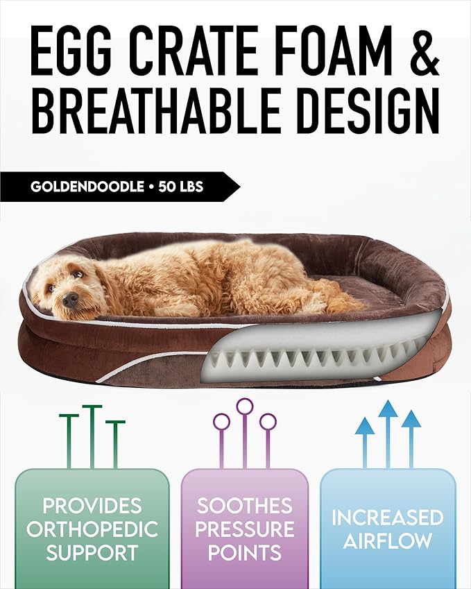 OhGeni Orthopedic Dog Bed for Extra Large Dogs, Dog Couch Design with Egg Foam Support, Removable, Machine Washable Plush Cover and Non-Slip Bottom with Four Sided Bolster Cushion (Brown)