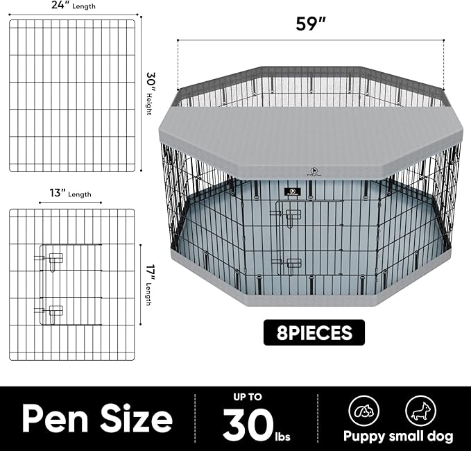 PJYuCien Dog Playpenr,8 Panels 30”H Dog Playpen with Gery Bottom Pad and Grey Top Cover,Metal Foldable Dog Exercise Pen for Indoor,Better for Medium Animals,Black