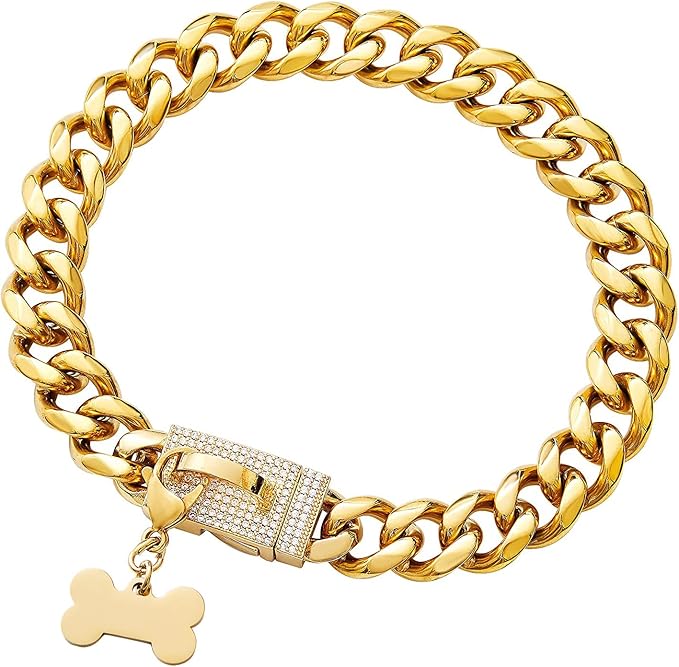 New Gold Dog Chain Collar with Bling Cubic Zirconia Secure Buckle,15MM Strong Stainless Steel Cuban Link Chain Collars,Luxury Necklace Collar for Small Medium & Large Dogs