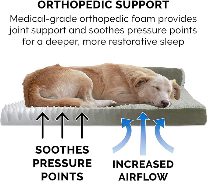 Furhaven Orthopedic Dog Bed for Large/Medium Dogs w/ Removable Bolsters & Washable Cover, For Dogs Up to 55 lbs - Two-Tone Plush Faux Fur & Suede L Shaped Chaise - Dark Sage, Large
