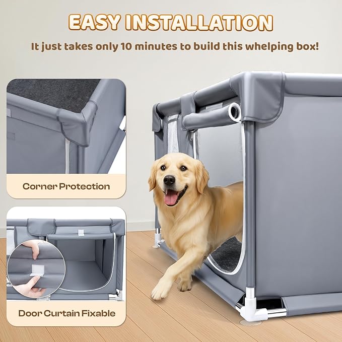 Whelping Box for Dogs and Puppies 47"x47"x24" - Tear-Resistant Oxford Fabric Dog Playpen with Suction Cups & 5-Piece Puppy Care Kit for Medium/Large Breed Dogs