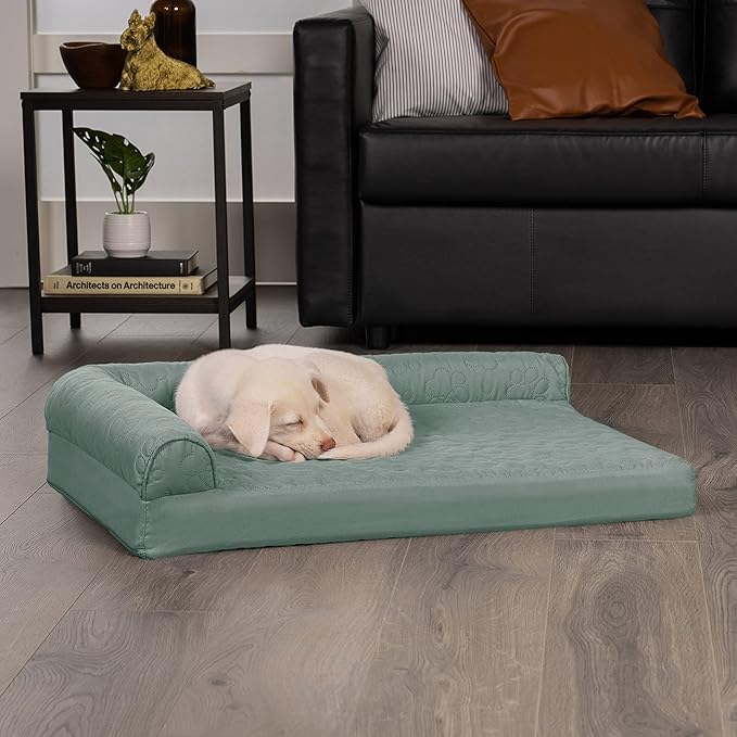 Furhaven Memory Foam Dog Bed for Medium/Small Dogs w/ Removable Bolsters & Washable Cover, For Dogs Up to 35 lbs - Pinsonic Quilted Paw L Shaped Chaise - Iceberg Green, Medium