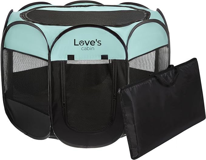 Love's Cabin Pet Puppy Playpen, Medium Dog Tent Crate, Portable Foldable Pop Up Dog Kennel with Carrying Case, Removable Zipper Top, Green