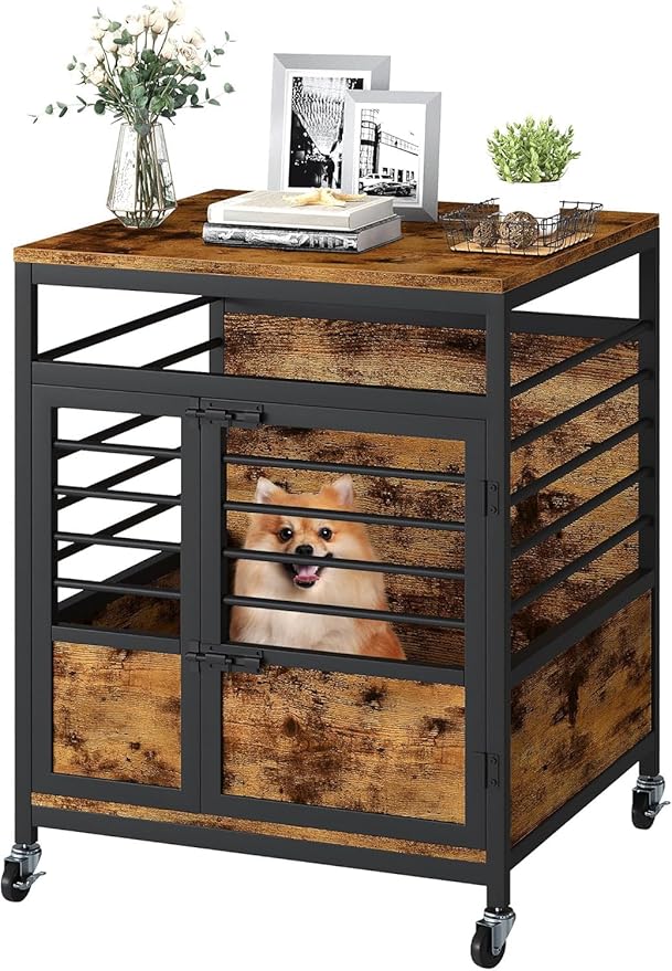 DWVO Dog Crate Furniture, 24 Inch Dog Kennel Indoor Furniture End Table for Dogs, Modern Decorative Wooden Cage with Wheels, Chew-Resistant, Rustic Brown