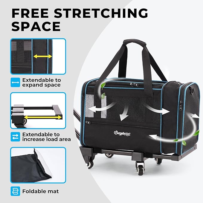BurgeonNest Expandable Premium Cat Carrier with Wheels - Handle Adjustable Small Dog Carrier- Designed for Dogs and Cats up to 15 lbs - Removable Soft Lined Pet Carrier