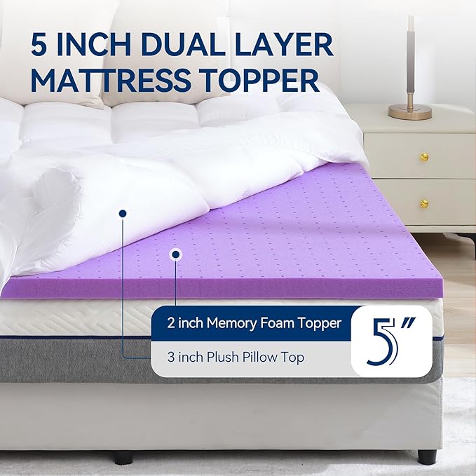 BDEUS Dual Layer 5 Inch Memory Foam Mattress Topper California King Size, 2 Inch Gel Memory Foam Plus 3 Inch 1450 GSM Down Alternative Quilted Pillow Top Mattress Pad Cover,White