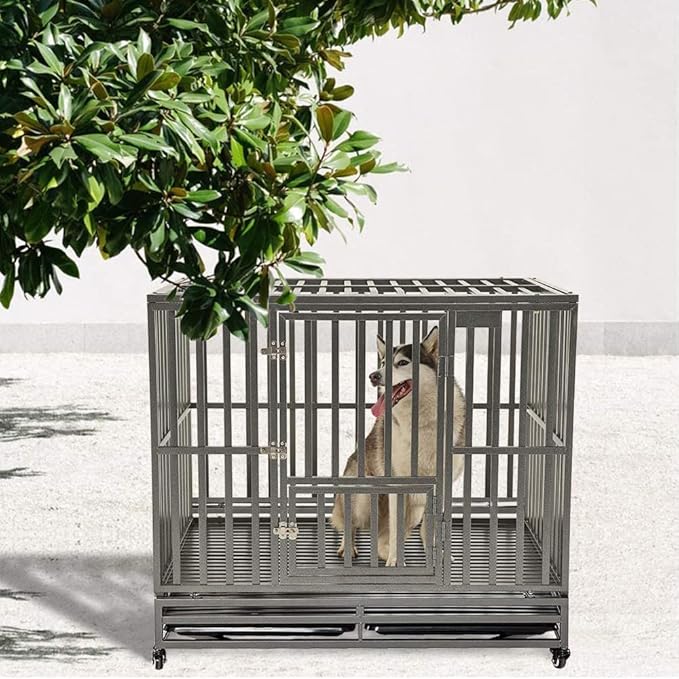 KELIXU 46” Heavy Duty Dog Crate Large Dog Cage Metal Dog Kennels and Crates for Large Dogs Indoor Outdoor with Locks, Lockable Wheels and Removable Tray, Easy to Install, Black