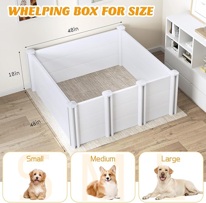 Whelping Box for Dogs, PVC Waterproof & Rustproof Puppy Playpen with Adjustable Height Door, Puppy Whelping Supplies & Raised Garden Bed, Easy Assembly, Indoor/Outdoor Use, 48x48x18in