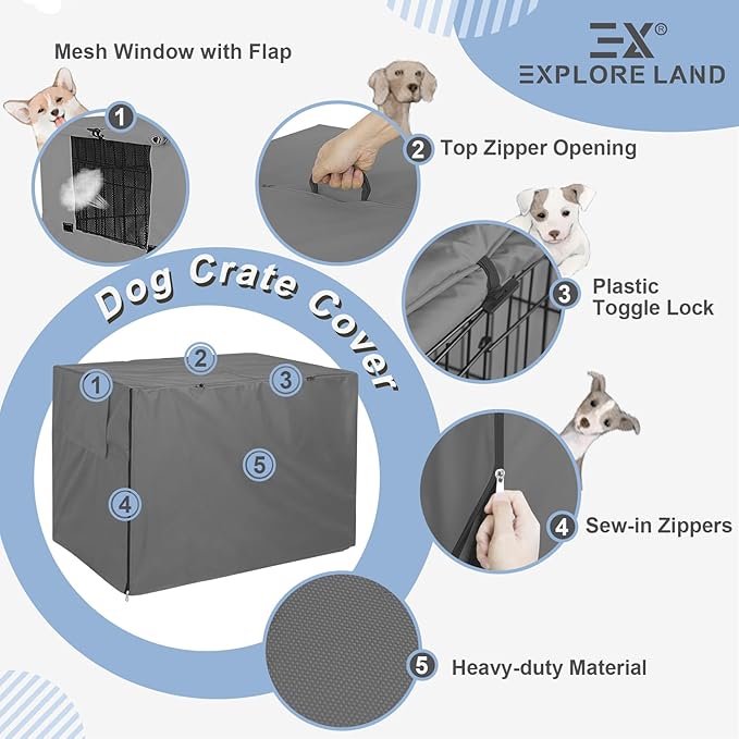 Explore Land 54 inches Dog Crate Cover Heavy Duty Polyester Pet Kennel Sunshade Universal Fit for Wire Cage (Grey)