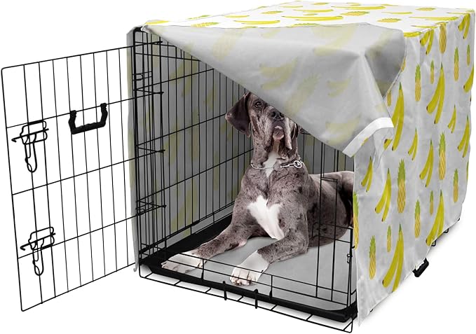 Lunarable Yellow Pineapple Dog Crate Cover, Continuous Ananas and Banana Tropical Fruits Print, Easy to Use Pet Kennel Cover for Medium Large Dogs, 48 Inch, Yellow Green Yellow