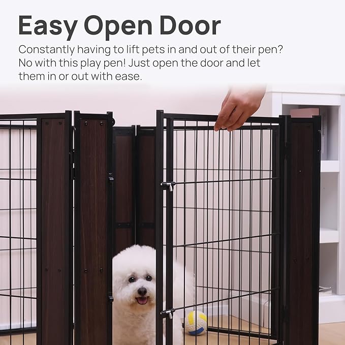 Heavy Duty Dog Playpen - 32 Inch Height - Indoor/Outdoor Pet Fence - Foldable Exercise Pen for Medium & Small Dogs - Black Walnut