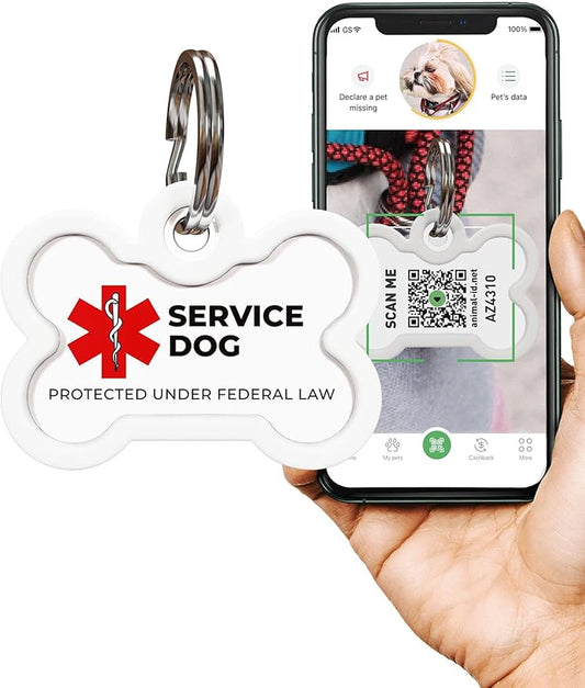 QR Code Pet Tag Service Dog ID - ESA - Emotional Support Service Dog Name Tags (Service Dog, Bone)