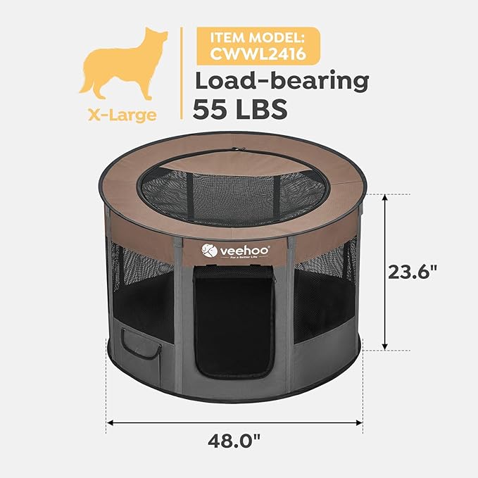 Veehoo Portable Puppy Playpen, Pet Kitten Playpen for Indoor Portable PopUp Dog Kennel Foldable Playpen Outdoor Tent Crate with Carrying Case for Kitten Puppy Small Animal,Coffee 48.0"Lx48.0"Wx23.6"Th