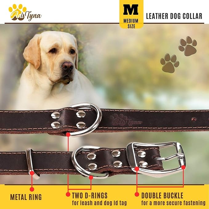 ADITYNA Heavy Duty Leather Dog Collar - Soft and Strong Dog Collar for Medium Dogs - Perfect for Walking, Training, Hiking, Traveling, Playing, and Running (Medium: Fit 13" - 20" Neck, Brown)