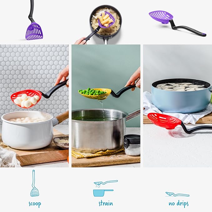 Dreamfarm Lestrain 2-In-1 Drip-Catching Sit-Up Slotted Cooking Spoon Scoop & Strainer - 11" Purple