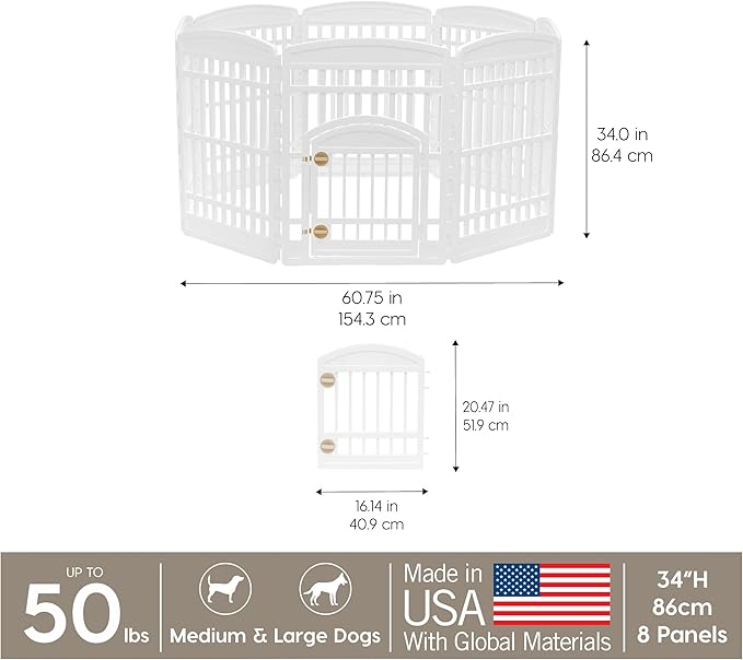 IRIS USA 34" 8-Panel Dog Playpen with Door, 63 x 63 x 35, Puppy Playpen, Dog Play Pen Indoors, Pet Fence, Medium Pets, White