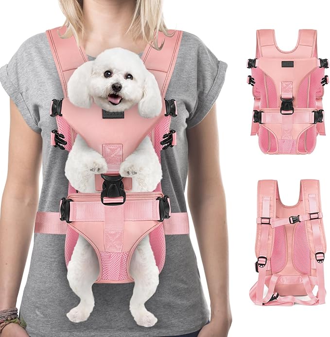 YUDODO Dog Backpack Carrier with Adjustable Safety Buckle Easy-fit Pet Dog Front Carrier for Small Medium Dog Legs Out Dog Chest Carrier for Traveling Walking Cycling (Small, Pink)
