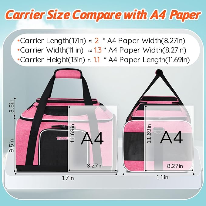 Petskd Top-Expandable Pet Carrier 17x11x9.5 Inches Alaska Airline Approved, Soft-Sided Carrier for Small Cats and Dogs with Locking Safety Zippers and Anti-Scratch Mesh(Pink)