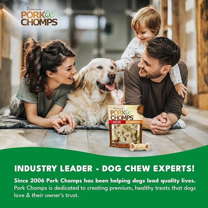 Pork Chomps Dog Chews, 4-inch Crunchy Bones, Bacon and Chicken Flavor, 12 Count