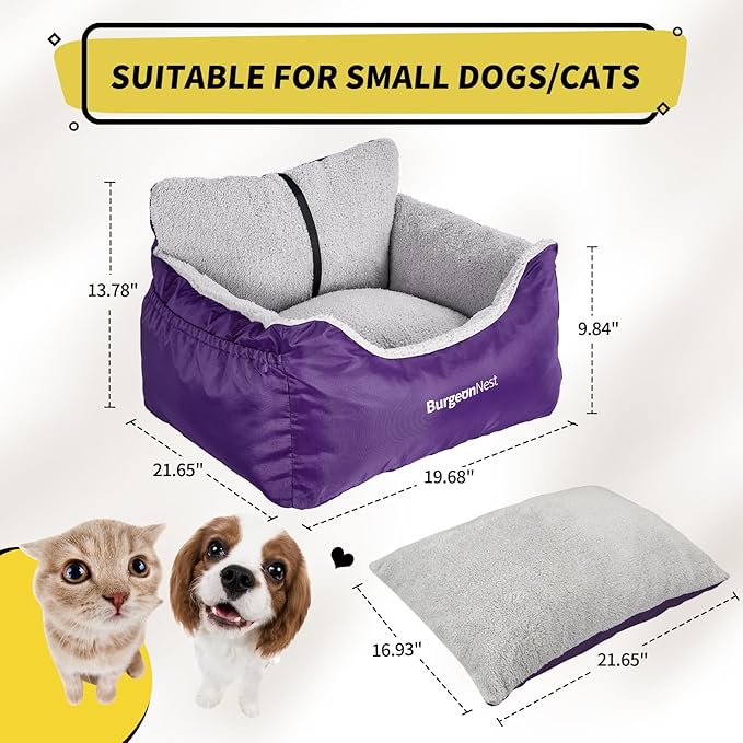 BurgeonNest Dog Car Seat for Small Dogs, Fully Detachable and Washable Carseats Under 25, Soft Booster Seats with Storage Pockets Clip-On Leash Portable Travel Carrier Bed Purple (dbs-p)