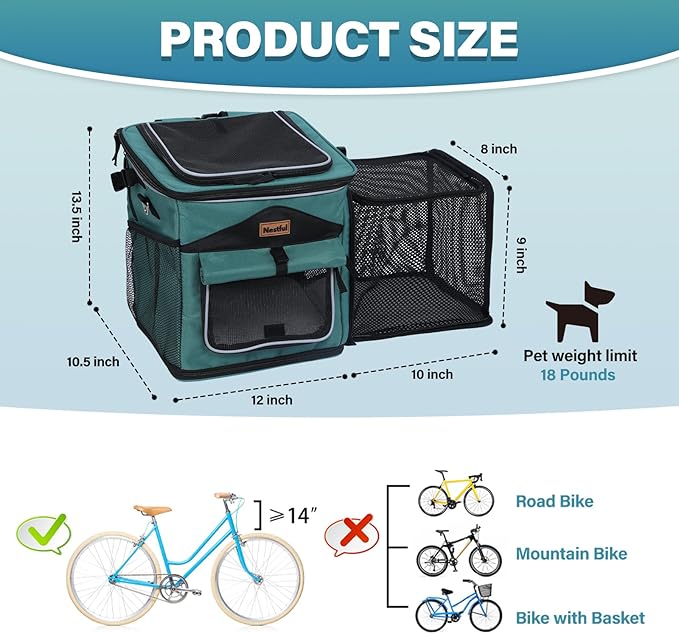 Dog Bike Basket Carrier, Expandable Foldable Dog Basket for Bike, Soft-Sided Dog Bike Carrier Pet Travel Bag, Bike Dog Carrier Backpack Carrier Safe and Easy for Small Cats and Dogs (Green)