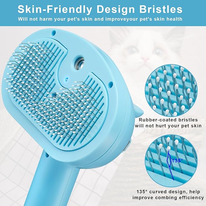 Pet Steam Hair Comb Brush for Shedding, 4 In 1 Spray Brush for Long & Short Haired Cat&Dog, Self-Cleaning Hair Remover with Water Tank And LED Blue Light, Release Button(Blue)