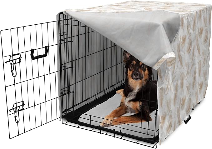Lunarable Cream Dog Crate Cover, Fluffy Soft Flying Bird Feathers Hand Drawn Style Tender Nature Plumage Pattern, Easy to Use Pet Kennel Cover for Medium Large Dogs, 36 Inch, Pale Tan White
