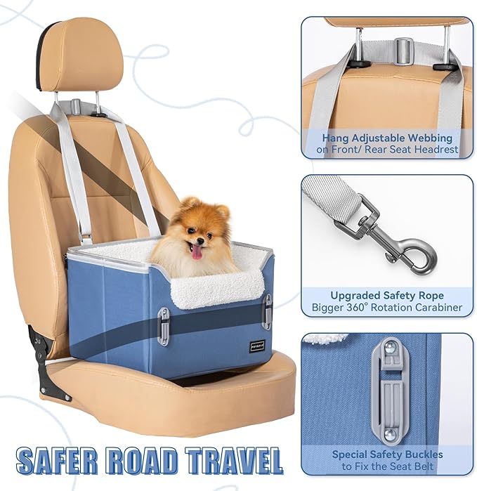 PETSFIT Small Dog Car Seat, Puppy Portable Dog Booster seat for Car with Clip-On Leash, Adjustable Straps Suitable for Small Pets Up to 25lbs (Navy Blue)