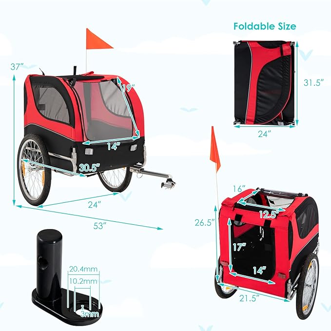 PETSITE Dog Bike Trailer, Dog Cart for Bicycle with 3 Breathable Mesh Entrances, Safety Flage, Easy Folding Pet Carrier with Quick Release Wheels, Pet Bike Trailer for Small & Medium Sized Dogs