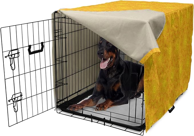 Lunarable Yellow Mandala Dog Crate Cover, Vibrant Colored Abstract Lotus Flowers Native Art Warm Sun Inspired, Easy to Use Pet Kennel Cover for Medium Large Dogs, 42 Inch, Yellow Orange