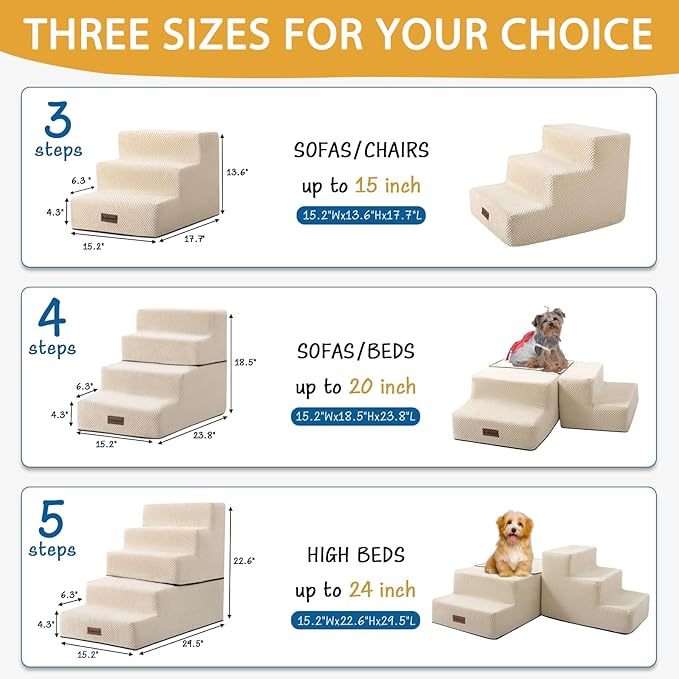 5-Step Dog Stairs to Bed, Dog Steps for High Beds and Couch, Non-Slip Pet Stairs for Small Dogs and Cats,Dog Bed Stairs, Beige, 3/4/5 Steps
